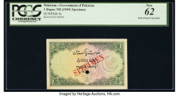 Pakistan Government of Pakistan 1 Rupee ND (1949) Pick 4s Specimen PCGS New 62. Red Specimen overprints, minor paper pull on top left and cancelled wi...