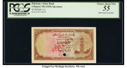 Pakistan State Bank of Pakistan 2 Rupees ND (1949) Pick 11s Specimen PCGS Choice About New 55. Red Specimen overprints, light mounting remnants and on...