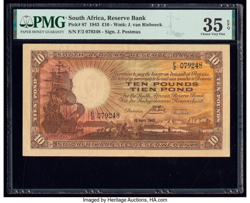 South Africa South African Reserve Bank 10 Pounds 19.4.1943 Pick 87 PMG Choice V...