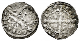 Kingdom of Castille and Leon. Alfonso X (1252-1284). Dinero. Santiago de Compostela. (Bautista-216). Ve. 0,78 g. Cross and scallop above the lion, S -...