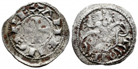 Kingdom of Castille and Leon. Alfonso VIII (1158-1214). Obol. Toledo. (Bautista-266). Anv.: Cross. ANFVS REX. Rev.: Horseman with palm, legend TOLE be...
