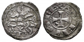 Kingdom of Castille and Leon. Alfonso VIII (1158-1214). Obol. Toledo. (Bautista-266). Anv.: ANFVS REX. Rev.: Horseman with palm, legend TOLE between t...