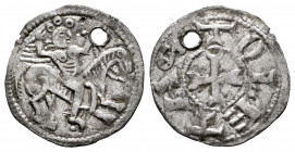 Kingdom of Castille and Leon. Alfonso VIII (1158-1214). Dinero. No mint mark. (Bautista-273). Anv.: +TOLETAS. Cross. Rev.: Horseman. Ve. 0,76 g. Holed...