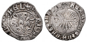 Catholic Kings (1474-1504). 1/4 real. Sevilla. (Cal-172). Ag. 0,72 g. S about roundel around six pellets. Arrows between six roundels. Very rare. VF. ...