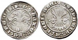 Catholic Kings (1474-1504). 1/2 real. Burgos. (Cal-185). Anv.: + D : G : REX : REGINA : CAST (Venera). Rev.: + FERNANDVS : ET : hELISABET. Ag. 1,57 g....