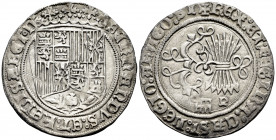 Catholic Kings (1474-1504). 1 real. Segovia. (Cal-381). Anv.: FERNANDVS : ET : hELISABET ◦ D. Rev.: + REX : ET : REGINA : CAST : LEGIO : ARAGO : SI. A...
