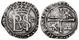 Philip II (1556-1598). 1/2 real. Sevilla. (Cal-151). Anv.: + HISPANIARVM REX. Rev.: + (PHILIPPVS ◦II◦ DE)I GRATIA. Ag. 1,69 g. "Square d" assayer. VF....