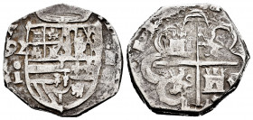 Philip II (1556-1598). 2 reales. 1592. Segovia. I. (Cal-384). Ag. 6,84 g. Horizontal date to left of the shield. Of the highest rarity. Est...450,00. ...
