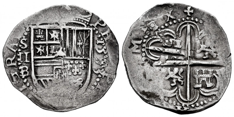Philip II (1556-1598). 2 reales. 1593. Sevilla. B. (Cal-418). Ag. 6,79 g. Scarce...