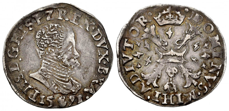 Philip II (1556-1598). 1/10 thaler. 1591. Antwerpen. (Vanhoudt-308). Ag. 3,28 g....