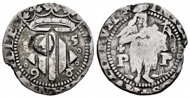 Philip III (1598-1621). Double sou. 1598. Perpignan. (Cal-51). (Cru C.G-3806a). Ag. 3,05 g. Countermark: head of San Juan, made in 1603. Choice VF. Es...