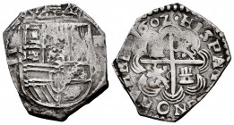 Philip III (1598-1621). 2 reales. 1602. Granada. M. (Cal-584 var). Ag. 6,80 g. The first A of HIPANIAGNORVM rectified on an N, this was marked by mist...