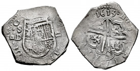 Philip III (1598-1621). 2 reales. 1613. Sevilla. D. (Cal-675 var). (Cy-4656). Ag. 6,82 g. Double strike. Perfect date. Rare. VF/Choice VF. Est...200,0...