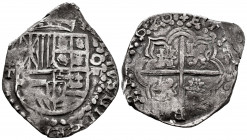Philip III (1598-1621). 8 reales. (1)620. Potosí. T. (Cal-929). Ag. 26,38 g. Perfectly visible date. Shield of Castile and León exchanged with shield ...