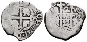 Charles II (1665-1700). 2 reales. 1692. Potosí. VR. (Cal-425). Ag. 6,75 g. Double date, one of them partially visible. Choice F. Est...80,00. 


 S...