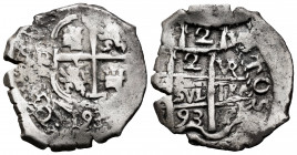 Charles II (1665-1700). 2 reales. 1693. Potosí. VR. (Cal-426). Ag. 6,36 g. Double date. VF/Choice VF. Est...100,00. 


 SPANISH DESCRIPTION: Carlos...