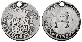 Philip V (1700-1746). 1 real. 1733. México. MF. (Cal-502). Ag. 2,59 g. Mintmark MX. Holed. Very rare. F. Est...180,00. 


 SPANISH DESCRIPTION: Fel...