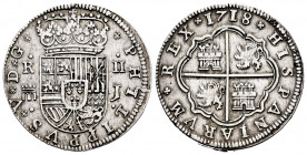 Philip V (1700-1746). 2 reales. 1718. Segovia. J. (Cal-945). Ag. 5,58 g. Aqueduct with one row of two arches. Choice VF/Almost XF. Est...120,00. 

...