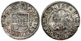 Philip V (1700-1746). 2 reales. 1727. Segovia. F. (Cal-961). Ag. 5,24 g. Planchet defect on edge. Choice VF. Est...75,00. 


 SPANISH DESCRIPTION: ...