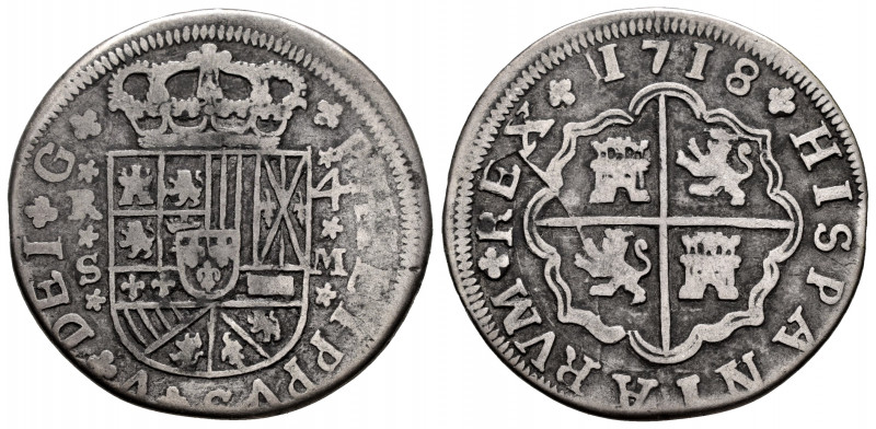 Philip V (1700-1746). 4 reales. 1718. Sevilla. M. (Cal-1222). Ag. 9,86 g. DEI G....