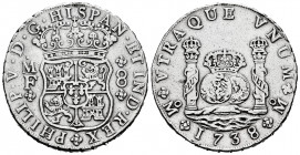 Philip V (1700-1746). 8 reales. 1738. México. MF. (Cal-1448). Ag. 26,75 g. Traces of welding at 12 o´clock on edge. Almost VF. Est...140,00. 


 SP...