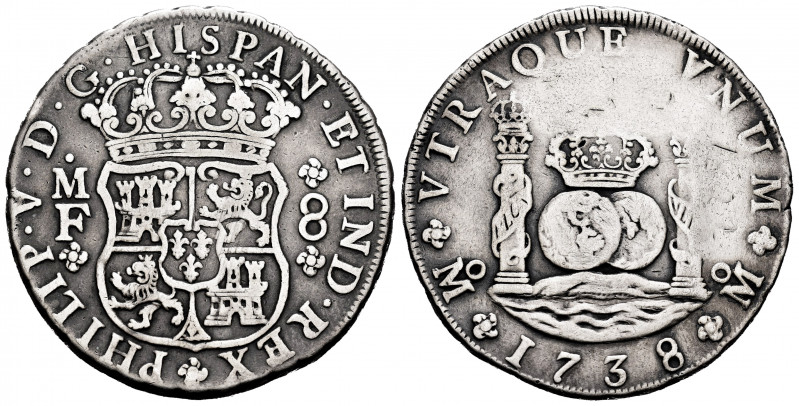 Philip V (1700-1746). 8 reales. 1738. México. MF. (Cal-1449). Ag. 26,27 g. Repai...
