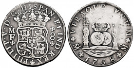 Philip V (1700-1746). 8 reales. 1738. México. MF. (Cal-1449). Ag. 26,27 g. Repaired welding on reverse. Almost VF. Est...120,00. 


 SPANISH DESCRI...