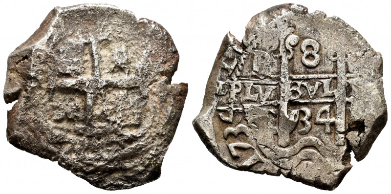 Philip V (1700-1746). 8 reales. 1734. Potosí. E. (Cal-1569). Ag. 24,60 g. Double...