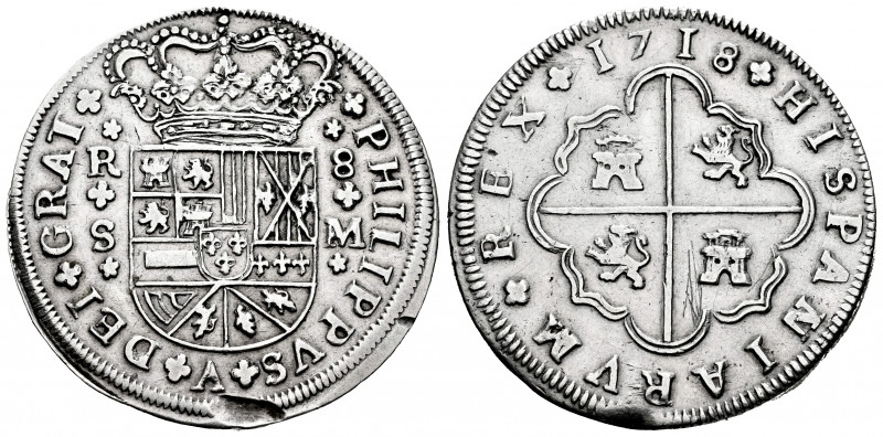 Philip V (1700-1746). 8 reales. 1718. Sevilla. M. (Cal-1617). Ag. 21,93 g. Three...