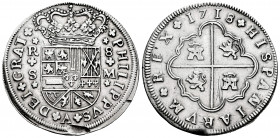 Philip V (1700-1746). 8 reales. 1718. Sevilla. M. (Cal-1617). Ag. 21,93 g. Three fleurs de lis on the shield of Burgundy. Hairlines on reverse. Choice...