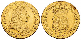 Philip V (1700-1746). 2 escudos. 1730. Madrid. (Cal-1862). Au. 6,53 g. Without value and assayer indication. Used as a jewelry piece. Rare. Almost VF....