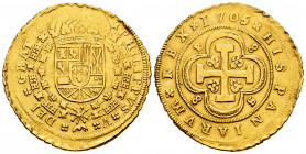 Philip V (1700-1746). 8 escudos. 1705. Sevilla. P-8/8-S. (Cal-2273). (Cal onza-485). Au. 26,51 g. "Cross" type. Date altered. Choice VF. Est...2500,00...