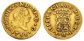 Ferdinand VI (1746-1759). 1/2 escudo. 1758. Madrid. JB. (Cal-564). Au. 1,78 g. Fourth bust. Choice VF. Est...140,00. 


 SPANISH DESCRIPTION: Ferna...