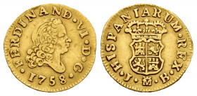 Ferdinand VI (1746-1759). 1/2 escudo. 1858. Madrid. JB. (Cal-564). Au. 1,72 g. The R's are open and some letters seem rectified over others. VF. Est.....