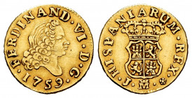 Ferdinand VI (1746-1759). 1/2 escudo. 1759. Madrid. J. (Cal-566). Au. 1,54 g. Fourth bust. VF. Est...140,00. 


 SPANISH DESCRIPTION: Fernando VI (...