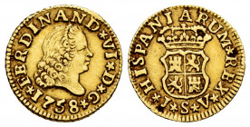 Ferdinand VI (1746-1759). 1/2 escudo. 1758. Sevilla. JV. (Cal-586). Au. 1,75 g. Fourth bust. Stars flanking mintmark and value. Minor nick on edge. Ch...