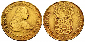 Ferdinand VI (1746-1759). 4 escudos. 1755. México. MM. (Cal-712). Au. 13,16 g. Without value indication. Used as a jewelry piece. Rare. Choice F. Est....