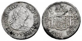 Charles III (1759-1788). 1/2 real. 1773. México. FM. (Cal-193). Ag. 1,63 g. Inverted mintmark and assayers. Minor scratches on reverse. Choice VF. Est...