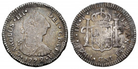 Charles III (1759-1788). 1 real. 1772. Guatemala. P. (Cal-332). Ag. 3,35 g. First-year king´s bust. Mintmark G. Good specimen for this mint. Rare. VF....