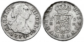 Charles III (1759-1788). 2 reales. 1774. Madrid. PJ. (Cal-623). Ag. 5,78 g. Minor nicks. VF. Est...50,00. 


 SPANISH DESCRIPTION: Carlos III (1759...