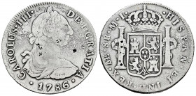 Charles III (1759-1788). 8 reales. 1786. Lima. MI. (Cal-1055). Ag. 26,35 g. Chop marks. Choice F. Est...50,00. 


 SPANISH DESCRIPTION: Carlos III ...