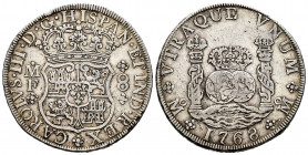 Charles III (1759-1788). 8 reales. 1768. México. MF. (Cal-1094). Ag. 26,87 g. VF. Est...250,00. 


 SPANISH DESCRIPTION: Carlos III (1759-1788). 8 ...