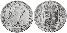 Charles III (1759-1788). 8 reales. 1772. México. FM. (Cal-1104). Ag. 26,56 g. Inverted mintmark and assayers. Plugged hole. Choice F/Almost VF. Est......