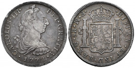 Charles III (1759-1788). 8 reales. 1772. México. FM. (Cal-1104). Ag. 26,74 g. Inverted mintmark and assayers. Minor nick on edge. Patina. VF. Est...70...