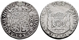 Charles III (1759-1788). 8 reales. 1770. Potosí. PR. (Cal-1168). Ag. 26,71 g. Plugged hole. Choice F. Est...150,00. 


 SPANISH DESCRIPTION: Carlos...