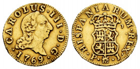 Charles III (1759-1788). 1/2 escudo. 1769. Madrid. PJ. (Cal-1253). Au. 1,77 g. "Rat nose" type. It was in hoop. VF. Est...120,00. 


 SPANISH DESCR...