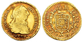 Charles III (1759-1788). 1 escudo. 1779. Popayán. SF. (Cal-1422). (Restrepo-54-14). Au. 3,34 g. Lightly orange toned. Scarce. Choice VF. Est...320,00....