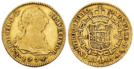 Charles III (1759-1788). 2 escudos. 1774. Madrid. PJ. (Cal-1546). Au. 6,68 g. Choice F/Almost VF. Est...300,00. 


 SPANISH DESCRIPTION: Carlos III...