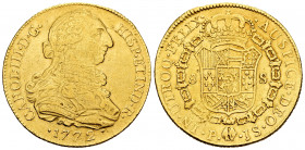Charles III (1759-1788). 8 escudos. 1772. Popayán. JS. (Cal-2037). (Cal onza-799). (Restrepo-73-4). Au. 26,83 g. VF. Est...1200,00. 


 SPANISH DES...