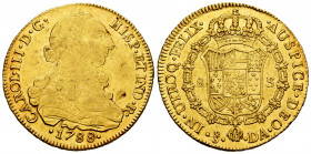 Charles III (1759-1788). 8 escudos. 1788. Santiago. DA. (Cal-2177). (Cal onza-949). Au. 26,90 g. Planchet flaws on obverse. VF/Almost XF. Est...1250,0...
